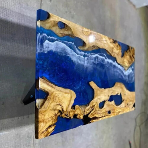 Blue Epoxy Resin Live Edge Dining Table, Resin Counter Wooden Table Decor - Picture 2 of 7