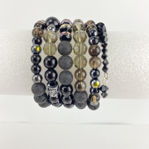 Bracciale Pila Avvolgente Nero Cristalli Swarovski Lava Rock Tono Argento Boho - Foto 5 di 6