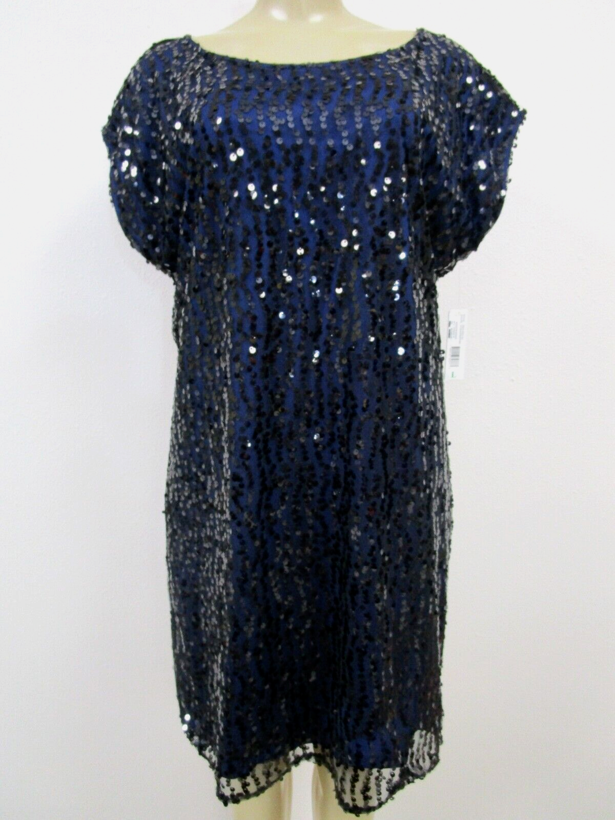 Laundry By Design Blue Sequin Dress Short Sleeve A-Line NWT