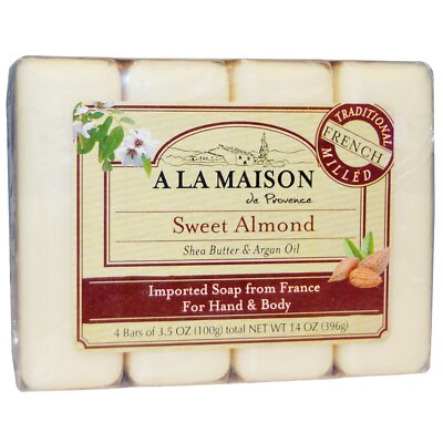 A La Maison Sweet Almond Bar Soap Hand & Body with Shea Butter & Argan Oil 4 ct