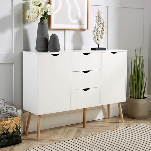 Sideboard White Storage Cabinet 2 Door 3 Drawer Cupboard Solid Wood Legs Scandi - Picture 1 of 9