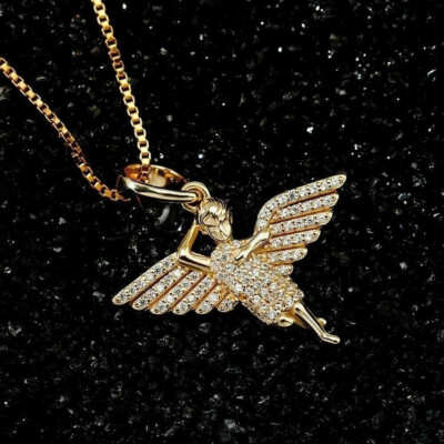 1Ct Lab Created Diamond Round Angel Wings Pendant 14k Yellow Gold Plated 16'' Cha