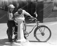 Boys & Bike At Water Fountain 8x10 Reprint Of Old Photo