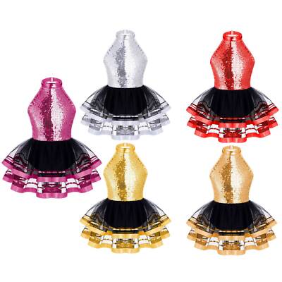 Kids Girls Leotard Stylish Dancewear Latin Dance Dress Modern Tutu Dress Shiny
