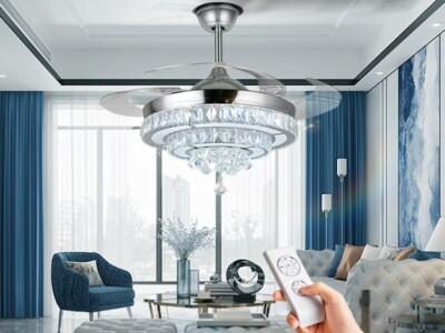 42'' Chrome Crystal Chandelier Retractable Ceiling Fan Remote 3-Color LED Light