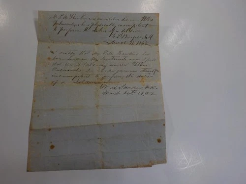 Civil War Document Soldier Unable To Perform Duties 1862 Pete Hawkins Signed