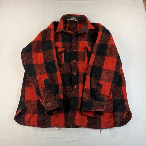 Vtg 60s Woolrich Wool Buffalo Plaid Shirt Jacket Size 17 Distressed Made USA