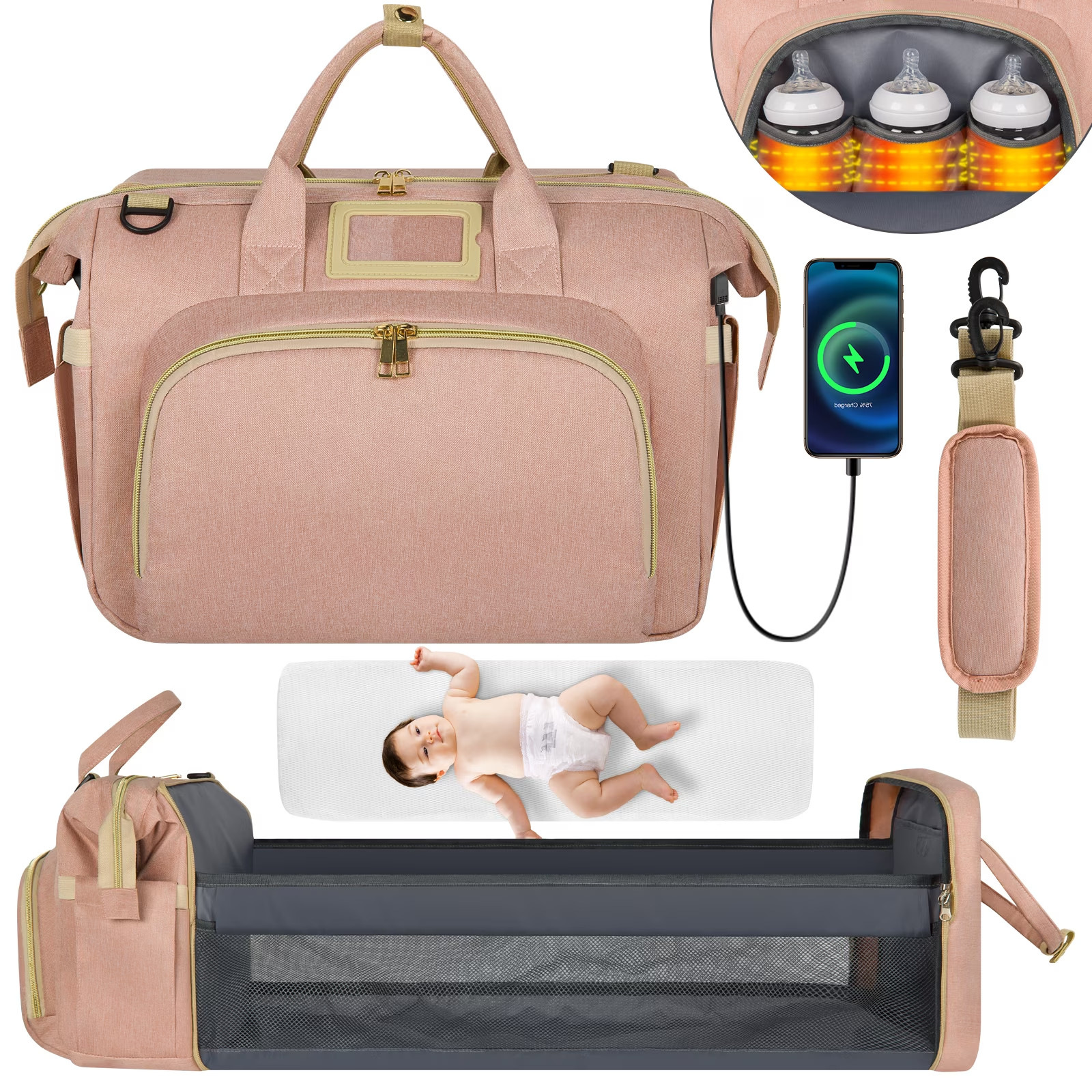 Diaper Bag Tote, Multifunctional Baby Changing Bag with Insulated Milk Bottle Po