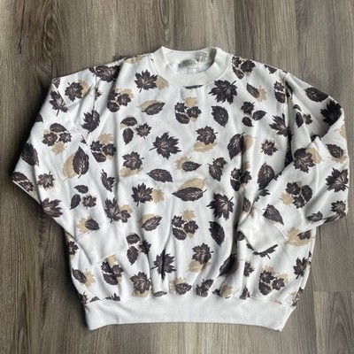 Vintage Womens Fall Leaves Cream Crewneck Sweatshirt XL Classic Elements 90s AOP