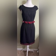 Adrianna Papell pompom Black Modest Lace Insets Knee Length Dress, size 4