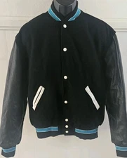 HOLLOWAY THE ORIGINAL VARSITY JACKET Wool & Leather Black/Teal/White Sz L - NWOT