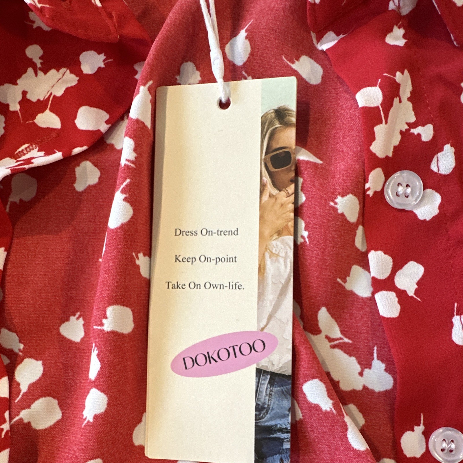 Dokotoo Women's M Maternity Red/White Floral Chiffon Collared Button-Up Blouse