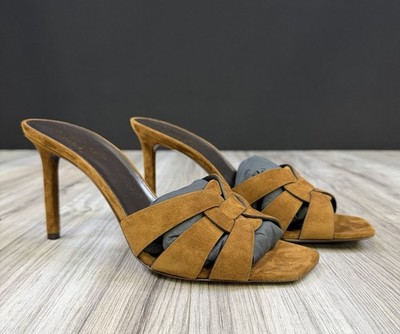Saint Laurent Tribute 85 Mule Sand Land Brown Suede Heels Size 42 NEW 