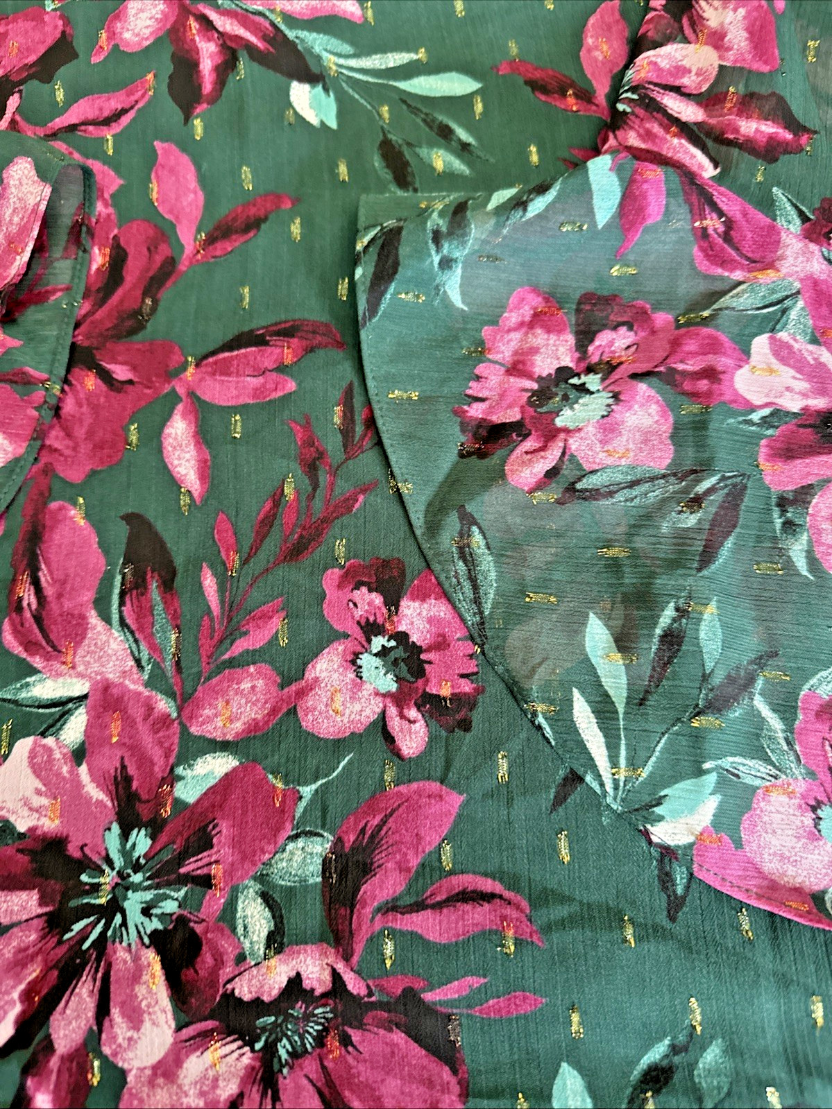 Kasper Women's Petite Ruffle Sleeve Floral Printed Blouse Top Green Plum  PL