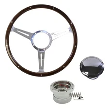 CJ Classic Trucks Steering Wheel Kit 15" 9-Bolt 3-Spoke Thin Slotted Woodgrai...