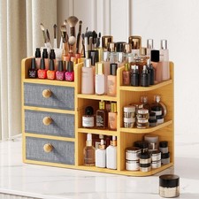 Large Makeup Organizer For Vanity, Large Capacity 3 Tiers Bamboo Bathroom Cou...