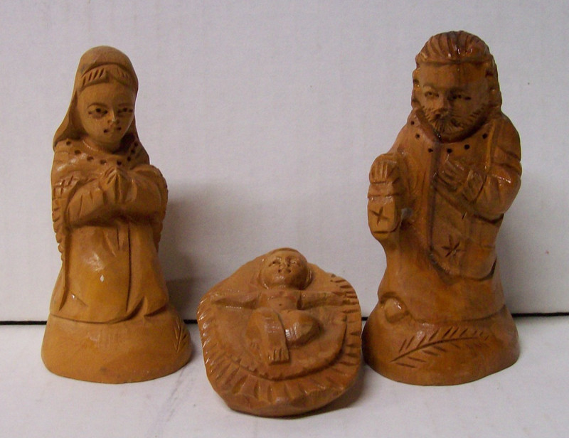 Vintage Wood Nativity Set Primitive Hand Carved Olive Wood 3 Pieces
