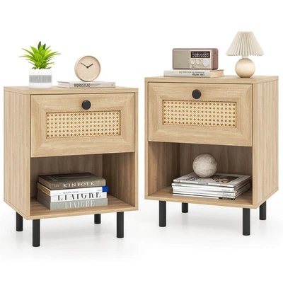 COSTWAY 2PCS Rattan Nightstand Boho End Table w/ Drawer & Open Shelf for Living Room