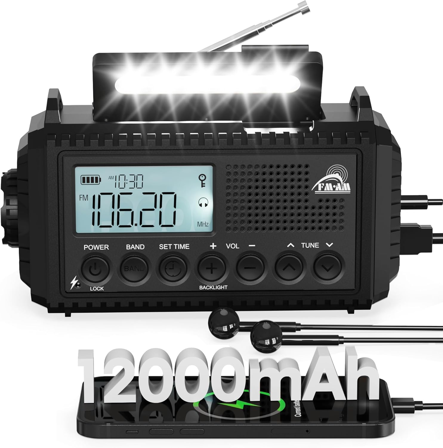 Wind up Radio AM/FM/SW Emergency Solar Hand Crank Radio 44400Mwh/12000Mah