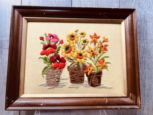 Framed Crewel Art 1970s Floral Bold Potted Plants Boho Handmade Needlepoint VTG