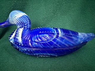 Antique Milk Glass Blue and White Swirl Duck Covered Dish