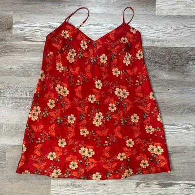 Vintage Y2K August Silk Red Floral Satin Slip Dress Butterfly Print Lingerie S
