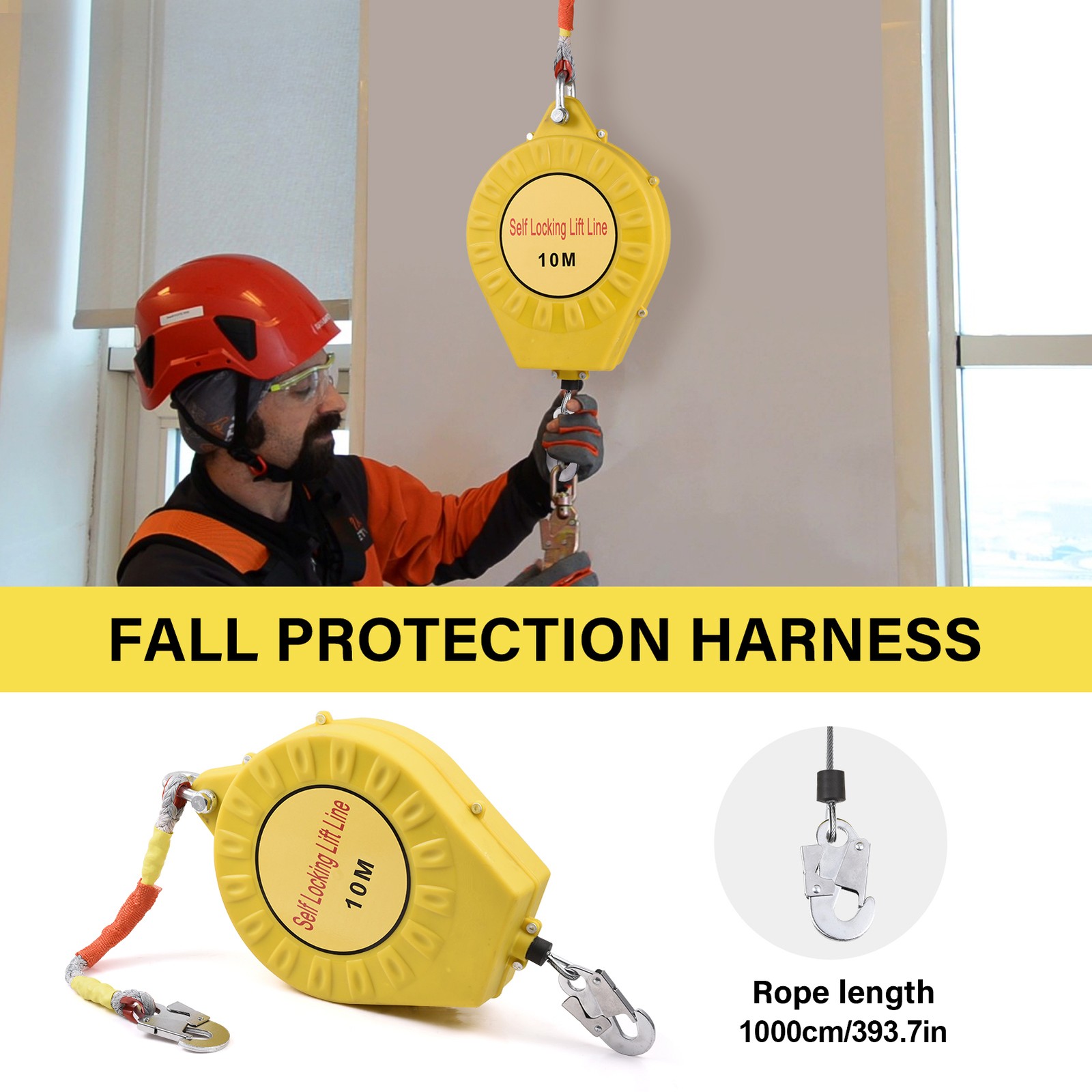 32ft Self Retracting Lifeline Lanyard Fall Arrester Protection+Hook Rope 330lbs