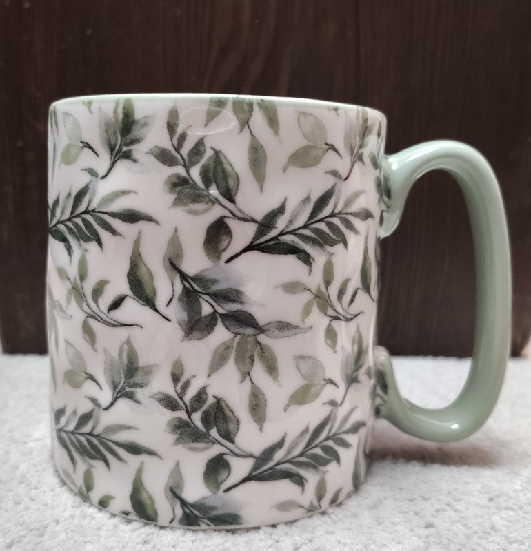 10 Strawberry Street Mug - White / Green / Leaves - Large 16 Ounce / 4 Inch