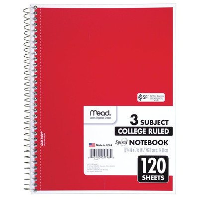 Mead 3 Subject Spiral Notebook Assorted Colors 120 Sheets College Ruled