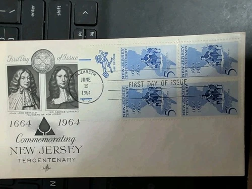 US FDC #1247 Artcraft M-3 1964 NJ New Jersey Tercentenary HC Plate Block PB