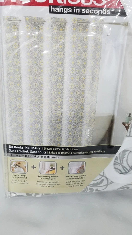 ЗАНАВЕСКА ДЛЯ ДУША БЕЗ КРЮЧКА ВЕРВИАНСКАЯ БЕЛАЯ СЕРАЯ ЖЕЛТАЯ ТКАНЬ без крючков НОВАЯ - Изображение 2 из 4