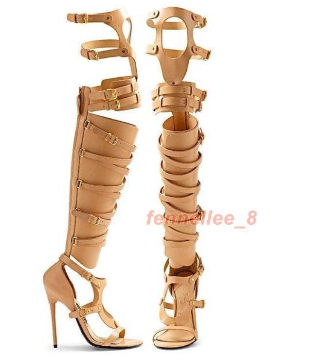 【in a row】Thick Heel Gladiator Boots Women Open Toe Knee Thigh High Gladiator Sandal Boots High