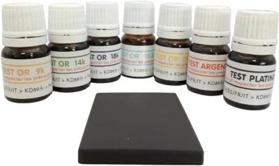 KD89 7 Réactifs à tester Or 9k 14k 18k 19.2 24k + Argent + Platine + Pierre de Touche
