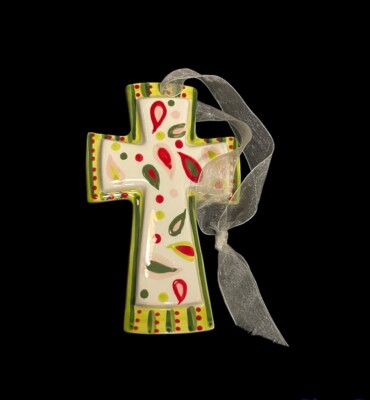 Glory Haus Laura Kirkland Ceramic Hanging Cross Paisley Stripe Polk-a-Dot Multi