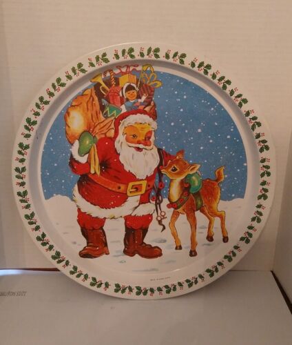 Vintage 13" Christmas Metal Serving Tray Santa Rudolph Holly Made in Hong Kong - Picture 1 of 5