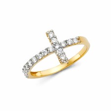 Ioka - 14K Solid Yellow Gold OR White Gold Sideways CZ Cross Ring