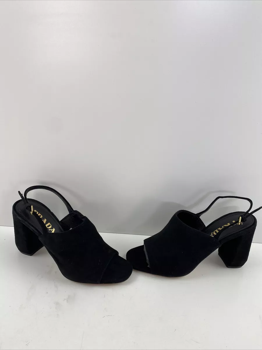 Prada Black Suede Open Toe Block Heel Slingback Sandals Women s Size 36