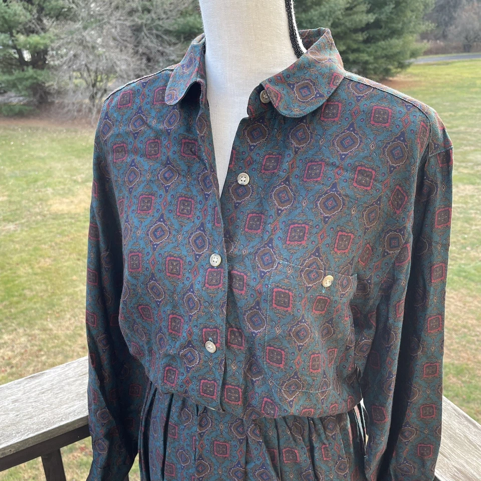 LANDS END Dress Maxi Modest Geometric Baroque Dogs Equestrian Autumn 90s Vtg 12 - Image 4 of 4