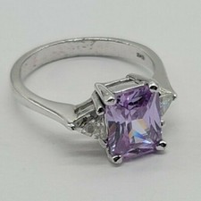 Size 7.25 Sterling Silver 3 Stone Ring Light Pink/Purple Stone w/ Clear Accents