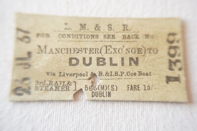 Zugfahrkarte Manchester nach Dublin LMS Eisenbahn 1937 