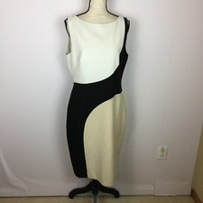 Vince Camuto Sheath Dress Sz 12 Womans Black White Beige Color Block Sleeveless