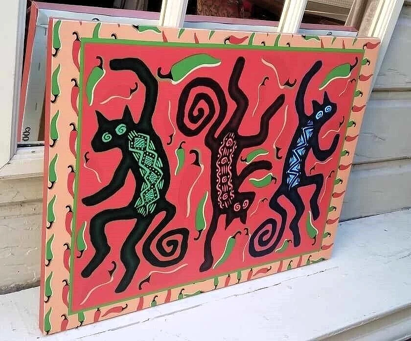 DIVERTIDA Impresión Artística Original Envoltura Lienzo Giclee Bailando Pimientos Gatos Foto 2 de 4