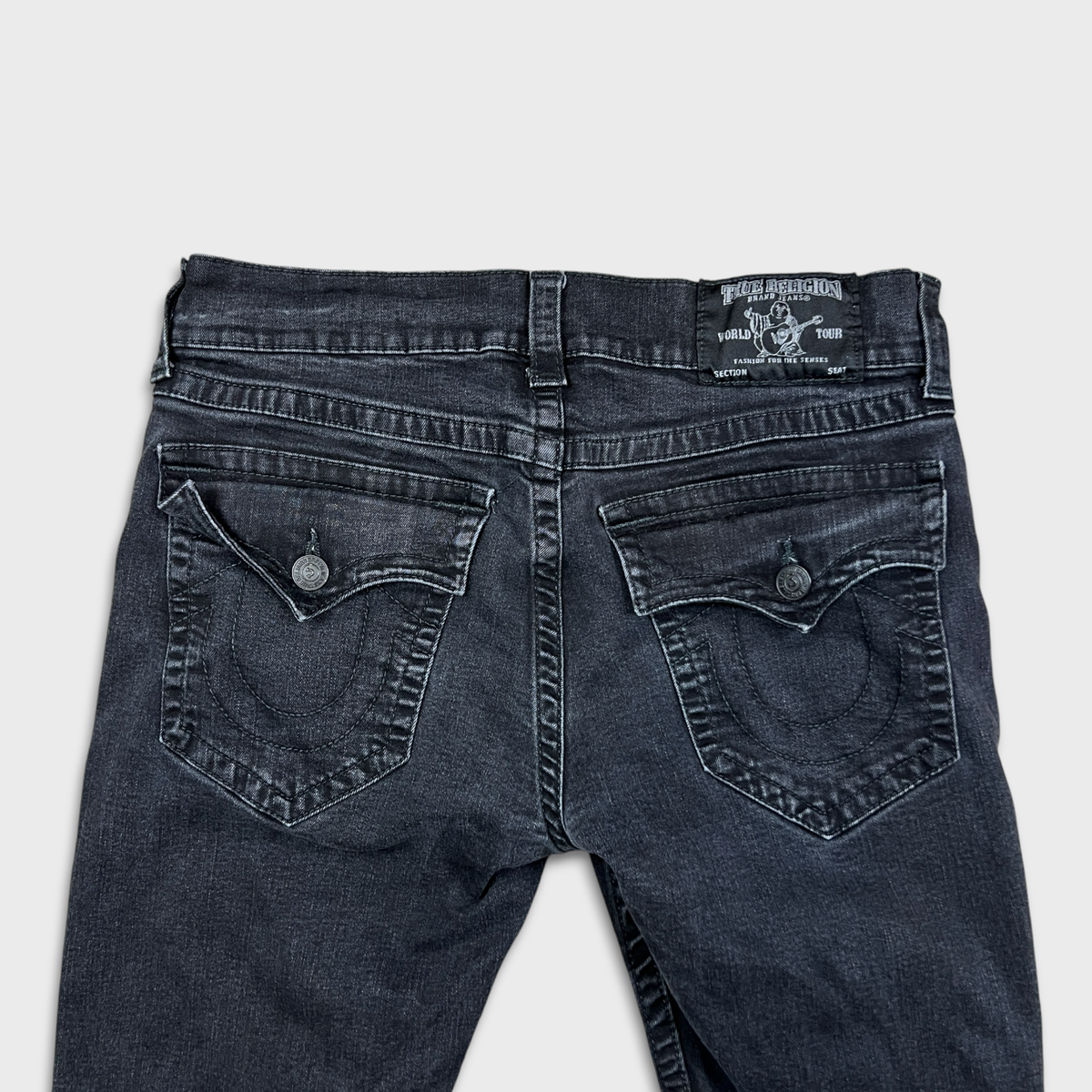 True Religion Jeans Mens 34x25 Black World Tour Skinny Flap Dark