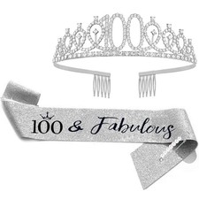 FUNSACHY 100th Birthday Sash  Rhinestone Tiara Set, 100 Year Old Silver