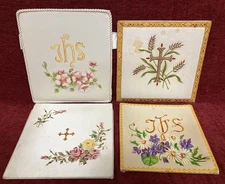 Antique Vtg Burse Catholic Church Vestment Hand Painted 4pcs L-A4