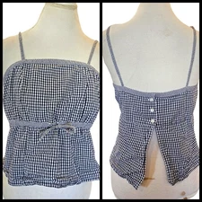 Y2K Babydoll Crop Top Cami Navy Blue Gingham Plaid Open Back Preppy Cotton Sz L
