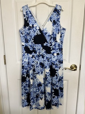 Kay Unger Blue Floral A-Line Sleeveless Pleated Dress Size 14 Wedding Guest  | eBay