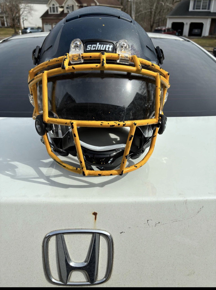 black football helmet with yellow face mask Schutt F7 Gators Full Face Football Helmet Blue Yellow Face Mask Large QR