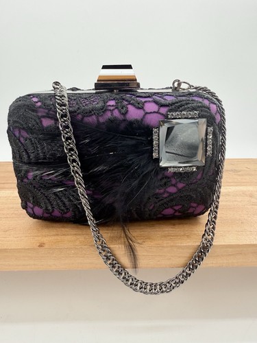Mary Frances Aria Bag Clutch Purse Black Purple Feathers Chain Rhinestones