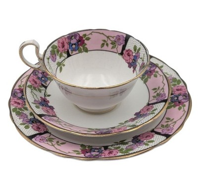 20er Jahre Aynsley Vintage Trio Set Tasse Untertasse Teller rosa Blumen Fine Bone China